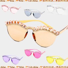 AUSTRIAN CRYSTAL Rhinestone Sunglasses Cat Eye Mask Bling Teardrop Round Rimless