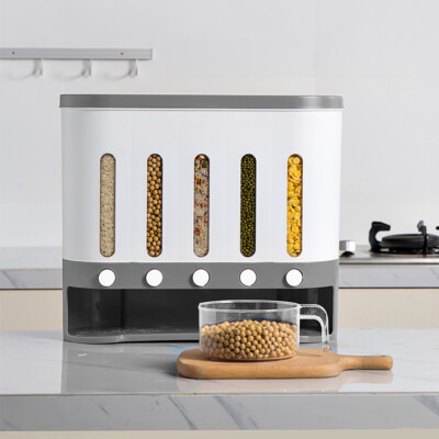 9Kg 5-Grid Dry Food Dispenser Wall Mounted Cereal Rice Storage Container w/Cup