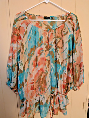 Apt.9 Womans Peasant Boho Blouse Multicolor SZ 3XL Keyhole Neck Tie Waist  Lined