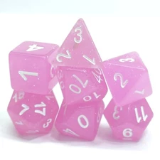 New 7 Piece Polyhedral Translucent Glitter Pink Dice Set With Bag D&D RPG