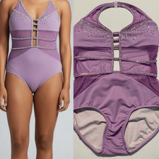 LA dance solo custom purple mesh cutout leotard costume rhinestoned XSA adult