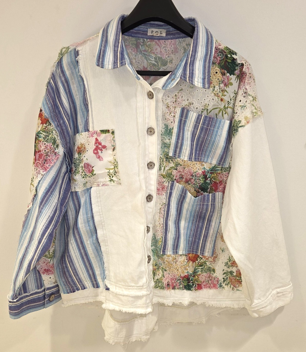 POL Patch Work Fabric Denim Flower Button Up Long… - image 1