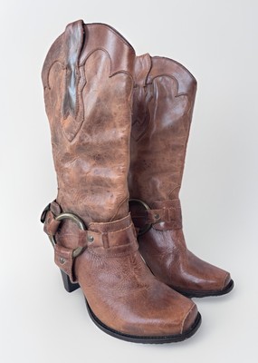 Justin Brown Tan Harness Moto Western Cowgirl Heeled Tall Boots Women s Size 8
