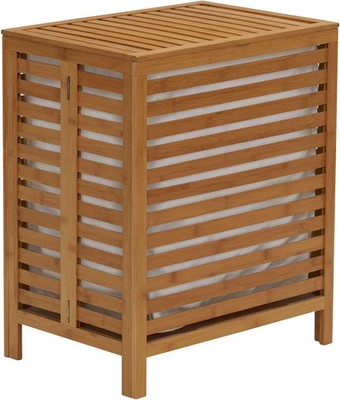 Household Essentials Bamboo Laundry Hamper, Slated  Natural Cotton Bag, 