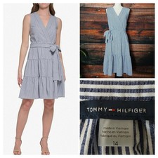 Tommy Hilfiger Dress 14 Tiered Tie Waist Surplice Blue White Striped Seersucker