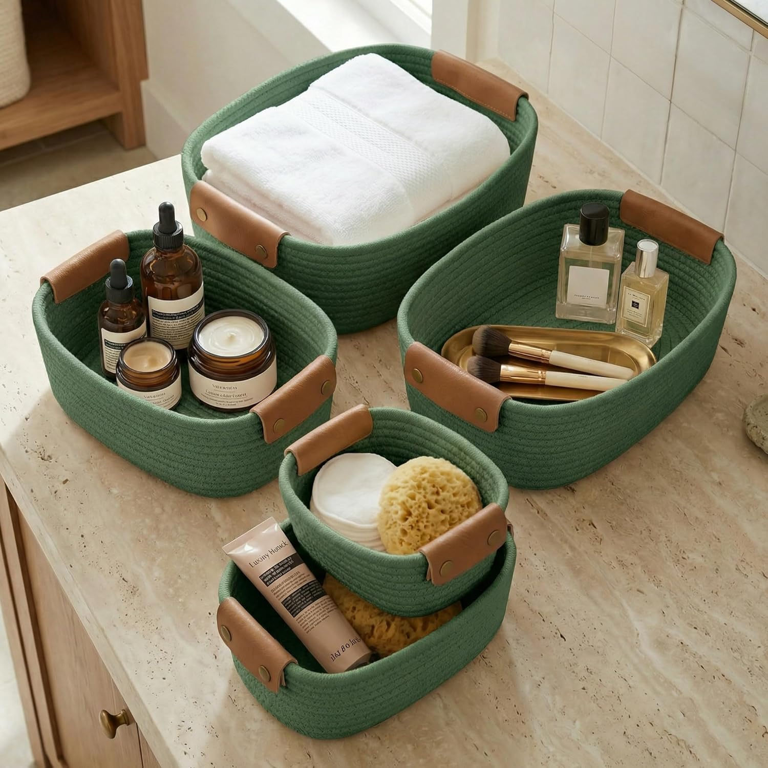 Beautiful Storage Basket Set of 5 - Sturdy Cotton Rope Baskets for Shelves Are P
