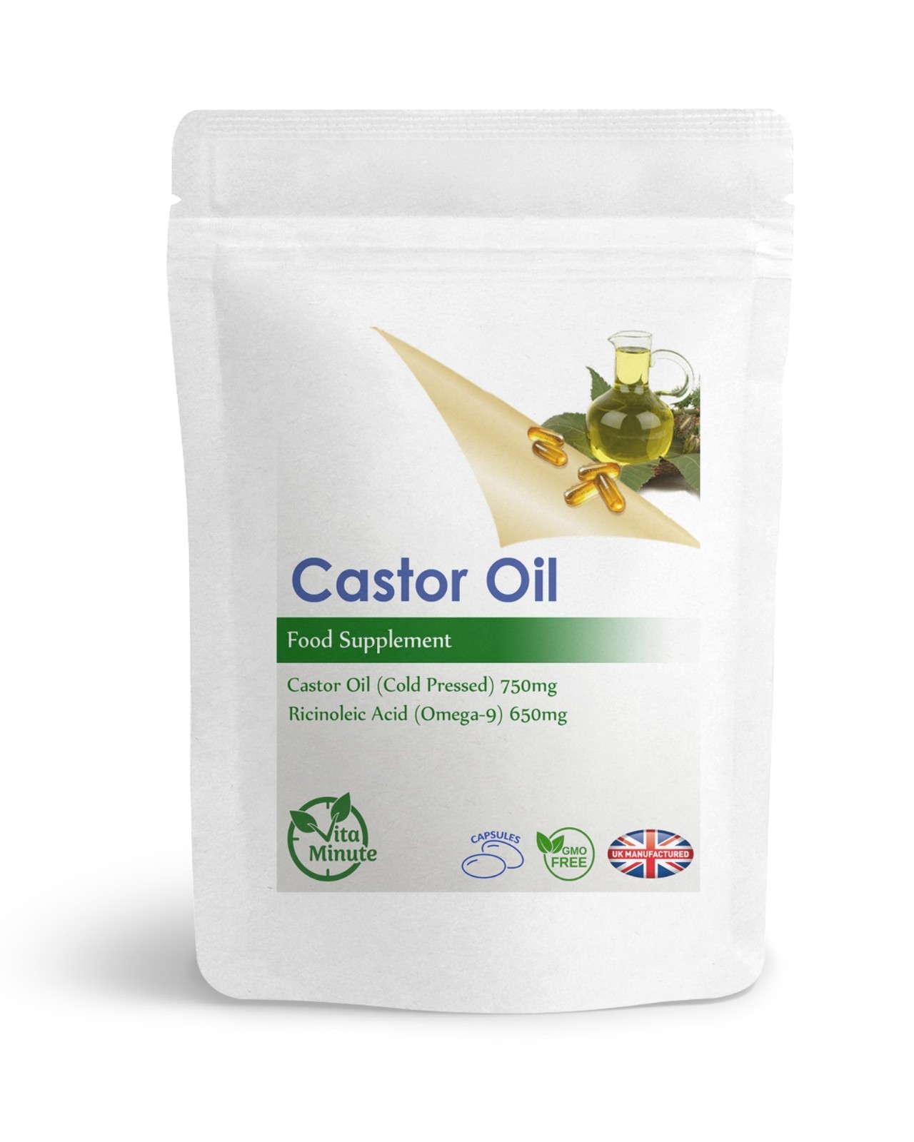 Castor Oil 750mg (90 Capsules) Natural Digestive and Skin Support Supplement, UK