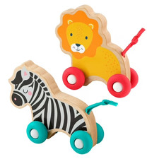 Fisher-Price Wooden Push-Along Animals w/ Soft Wheels - Lion Zebra - NEW