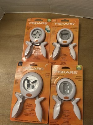Lot Of 4 NEW Fiskars Squeeze Paper Punches Lrg & XLrg Bfly Rectangle Stars   Jar