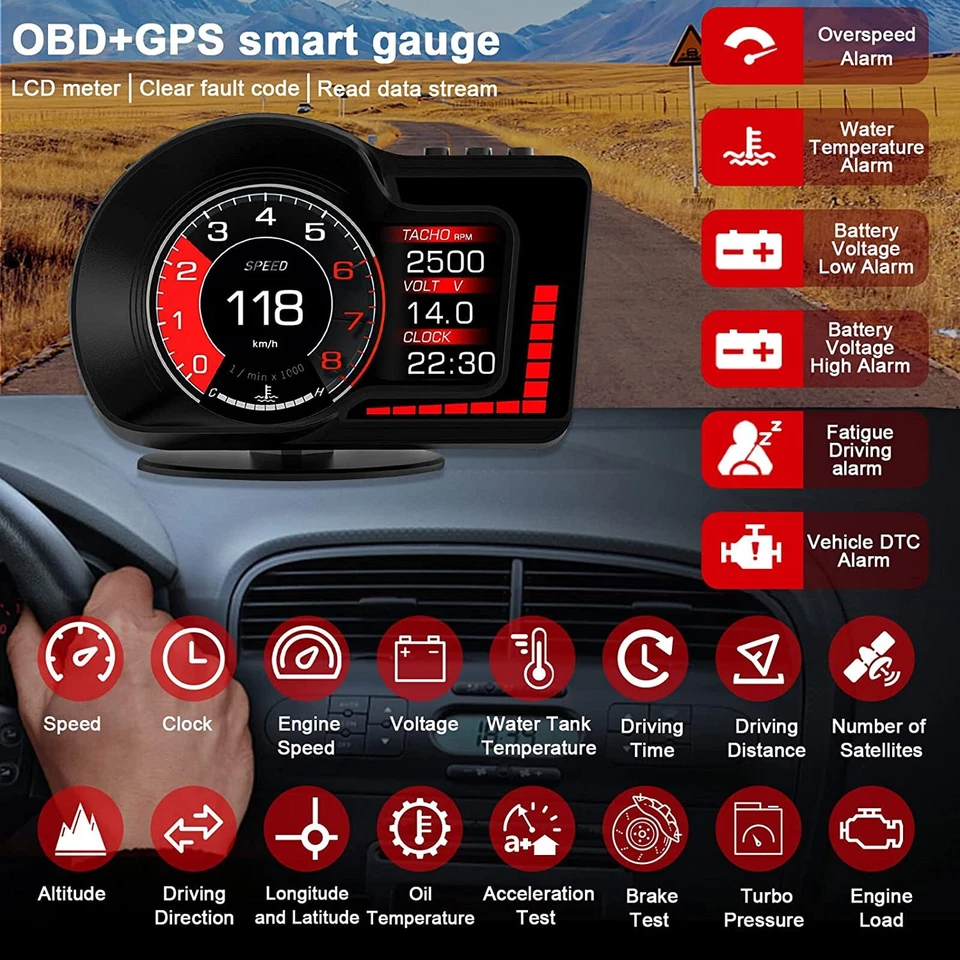 OBD2+GPS Car HUD Gauge Head Up Digital Display Speedometer Turbo RPM Temp Alarm - Image 3 of 4
