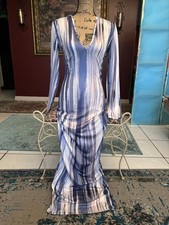 Blue White Purple Striped Maxi Long Sleeve V-Neck Pullover Stretch Dress Size M