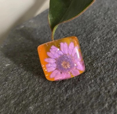 Vintage Resin Chunky Square Statement Ring Flower Embedded Size UK N 1/2