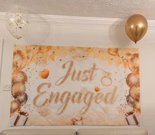 HINGTAI Engaged Party Decorations, White & Gold Banner Backdrop 110cm x 180cm
