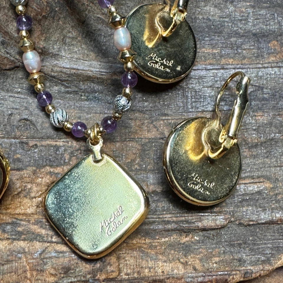 Michal Golan 24K золото покрытием аметист жемчуг ожерелье, серьги и булавки комплект - Изображение 2 из 4