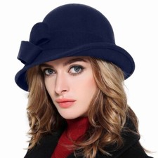 Navy Wool Felt Church Cloche Fedoras Hat For Women Bowler Derby Hats Bowknot Cap