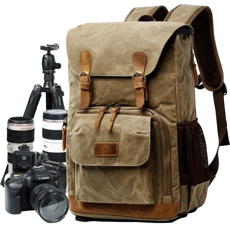ALLACKI Waterproof Shock-resistant Canvas Camera Bag Retro Style Travel Backpack - Image 2 of 4