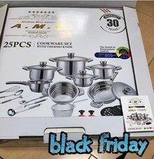 BATTERIA PENTOLE PADELLE TEGAMI AMC INDUZIONE ANTIADERENTE ACCIAIO INOX 25 PEZZI