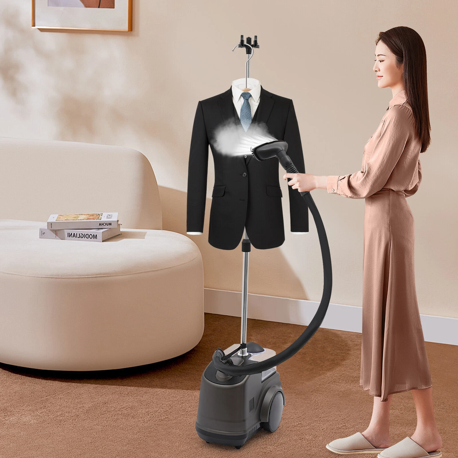 Standing Garment Steamer for Clothes Roll Wheels Wrinkle Remover Continuous