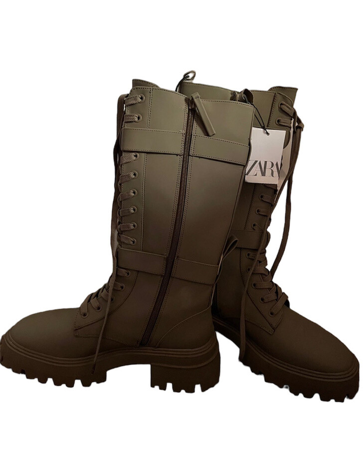 NWT Zara Rubberized Green Lace-Up Combat Boots, Size 10 | eBay display picture 1