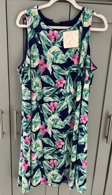 Pappagallo Dress Women 1X Blue Tropical Floral Sleeveless Swing Dress Boho Swim