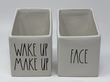 Rae Dunn Wake Up Make Up Face Ceramic Makeup Brush Holder Organizer Set of 2