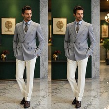 Men's Suits Peak Lapel Double Breasted Grey Wedding Groom Tuxedo Slim Fit 2 Pcs