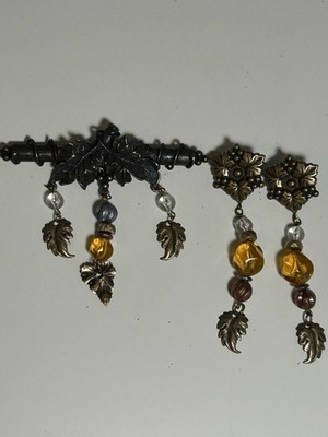 Vintage JJ Jonette Jewelry Leaf Beaded Dangling Brooch Pin Earring Set