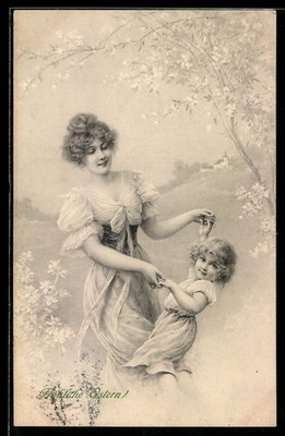 Artist postcard M. Munk No. 300: Easter greetings, young mother with her daughter on a 
