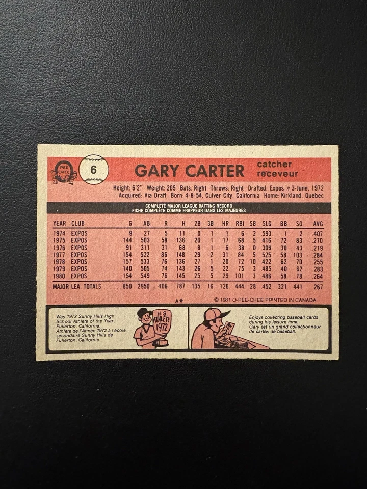 1981 MLB O-Pee-Chee Baseball #6 GARY CARTER HOF NRMT CENTERED! SHARP - Image 2 of 2