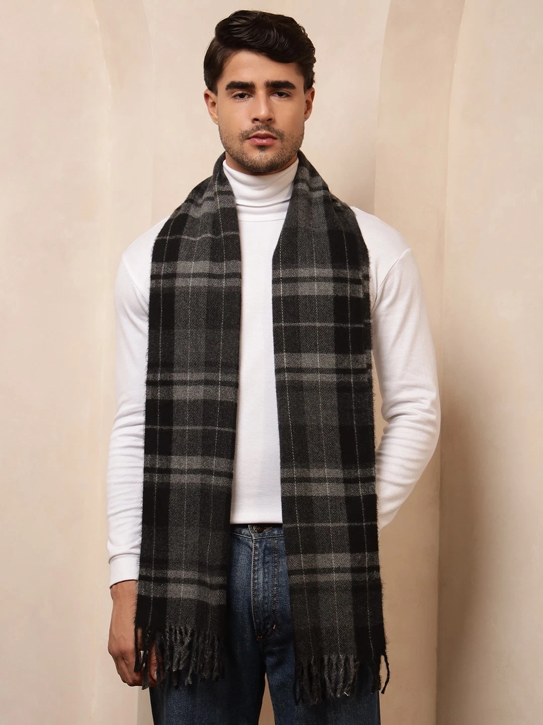 Mens Plaid Scarf Soft Winter Shawl Lightweight Cold-Weather Gear Black Checks