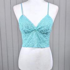 Vintage 70s/80s Alana Gale Blue Lace Sheer Lingerie Cropped Bralette Cami Med