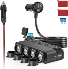 Cigarette Lighter Splitter, 300W 4-Socket Car Charger Adapter with Dual PD30W Ty