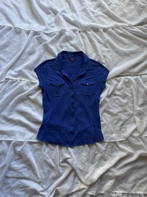 Express Cap Sleeve Button Up Shirt, Women s Size Medium, Blue, Business Casual