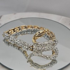 Gold Tone Rhinestone Serpent Snake Tennis Bracelet Crystal Box Clasp Womens
