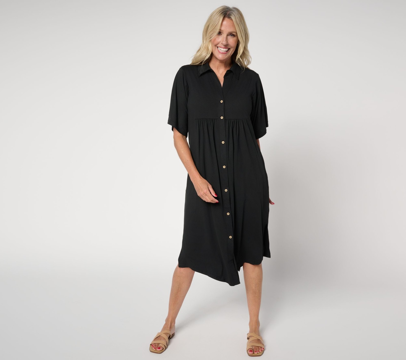 Cuddl Duds Women's Dress Sz L Flexwear Button-Front Getaway Caftan Black A681200