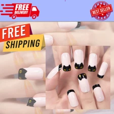 Medium Squoval Glossy Press on Nails Pink Black Cat Edge French False Nails Salo