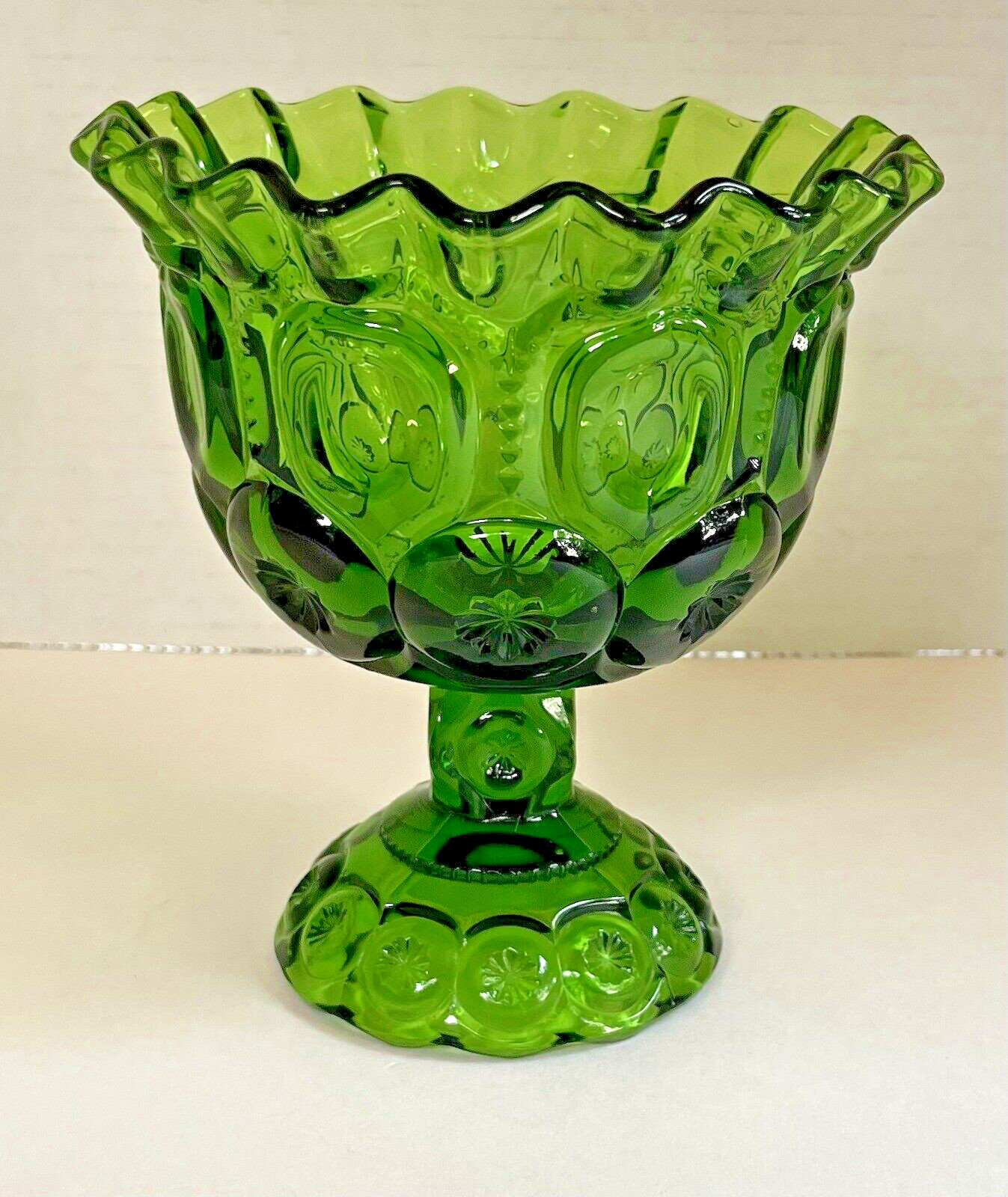 Vintage LE Smith Moon Stars Green Glass Pedestal Compote Crimped Edge 6