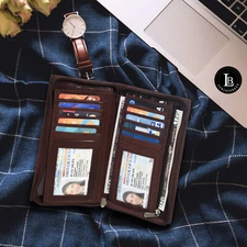 RFID Blocking Genuine Leather Long Bifold Zipper Checkbook Cover Wallet