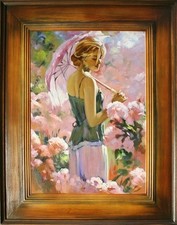Woman IN The Garden Oil Painting Hand Painted Rahmen-Signiert 96x76cm