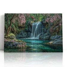 Cherry Blossom Waterfall Canvas Print Wall Art – Tranquil Spring Landscape Decor