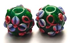 10pcs handmade Lampwork glass beads glass pink blue flower on green 14mm