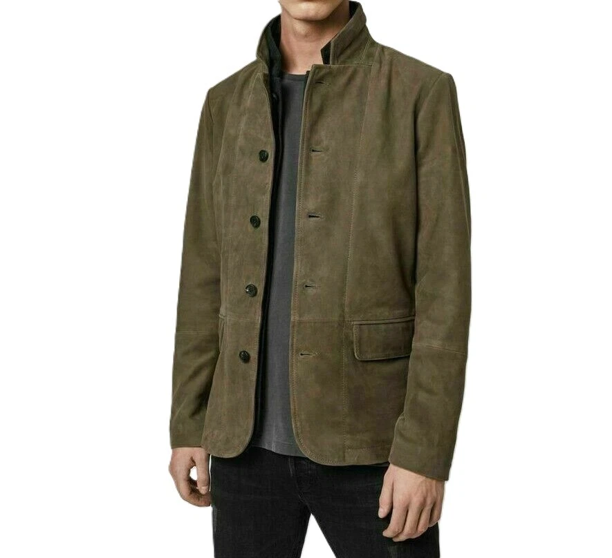 Men s Green Suede Blazer Genuine Leather Button Fastening Coat Classic Jacket US