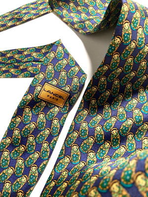 LANCEL PARIS VINTAGE '90s MATRYOSHKA TIE RUSSIAN TRADITIONAL DOLL FRANCE BLUE