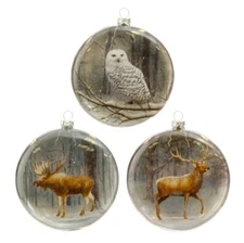 RAZ Imports 4" Glass Animal Disk Ornaments Set/3 Owl Deer Moose Christmas NEW!