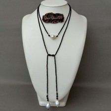 51" Natural Faceted Black Spinel White Keshi Pearl Long Necklace