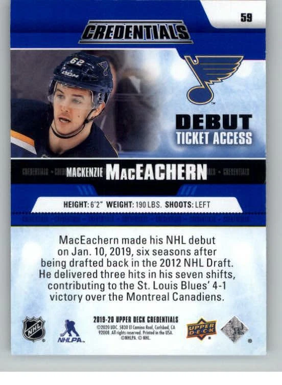 2019-20 Upper Deck Credentials #59 Mackenzie MacEachern RC 999 (ref 128095) - Image 2 of 2