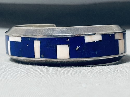 ONE OF THE BEST VINTAGE NAVAJO MIDNIGHT LAPIS STERLING SILVER BRACELET INLAY - Picture 5 of 9