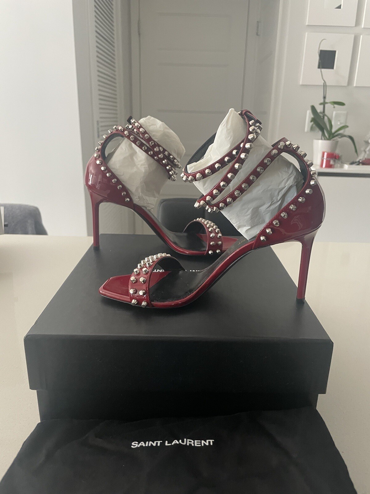NEW Saint Laurent Red Patent Leather Amber Sandals Size 37