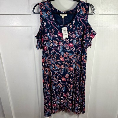 Style Co Cold Shoulder Dress Navy Floral Print Electric Blue Essential Size L