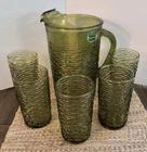 Vintage Anchor Hocking Soreno Avocado Green Pitcher And 5 Glass Set Excellent A+